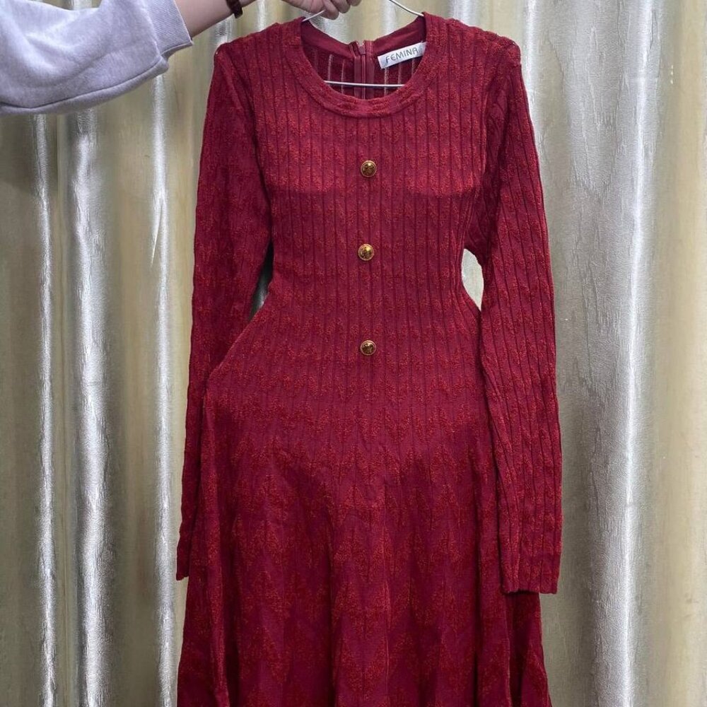 Vintage Red Knit Fit Flare Dress with Gold Buttons